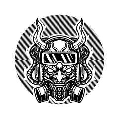 Vector illustration of Cool Samurai Devil Demon with Horn and Gas Mask on the White background. Hand-drawn illustration for mascot sport logo badge label sign poster t-shirt printing. Vector Logo
