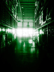 Warehouse cargo building store, warehouse interior with shelves, pallets and boxes for stock and sorting shipment goods in freight, logistics and transportation industrial