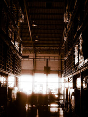 Warehouse cargo building store, warehouse interior with shelves, pallets and boxes for stock and sorting shipment goods in freight, logistics and transportation industrial