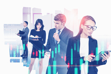 Diverse business people in city, financial graph