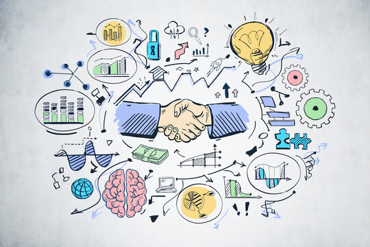 Business partnership sketch on concrete wall