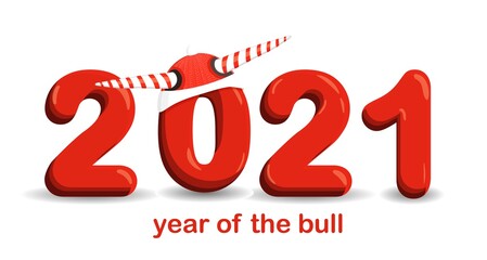 Year of the bull postcard square. Funny christmas character ox. 2021, vector illustration.
