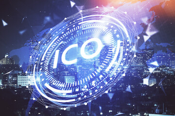 Multi exposure of cryptocurrency theme hologram drawing and city veiw background. Concept of...