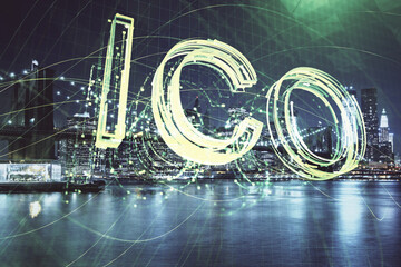 Multi exposure of cryptocurrency theme hologram drawing and city veiw background. Concept of...