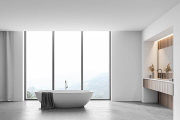Fototapeta na wymiar Panoramic white and wooden bathroom