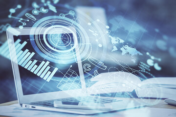 Double exposure of business theme icons and work space with computer background. Concept of success.