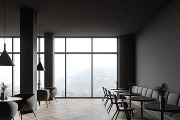 Panoramic dark grey restaurant interior