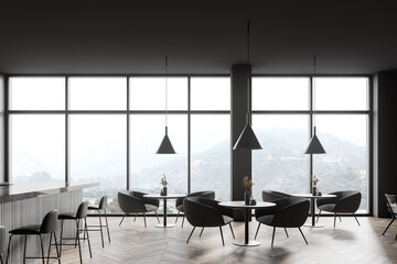 Panoramic dark grey cafeteria interior