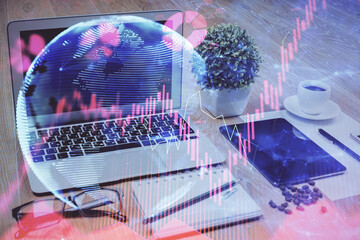 Double exposure of business theme icons and work space with computer background. Concept of success.