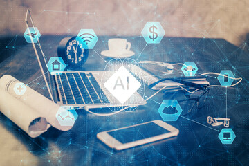 Double exposure of table with computer on background and data theme drawing. Concept of innovation.