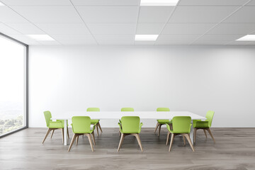 White office cafe interior with long table