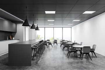 Panoramic grey pub interior with bar