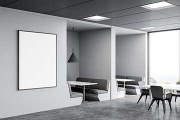 Panoramic white cafe corner with poster