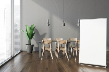 Panoramic grey office cafe interior with poster