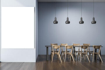 Blue office cafe interior with vertical poster