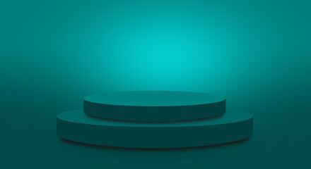 podium or pedestal display on teal color background with cylinder stand concept. Blank product shelf standing backdrop.
