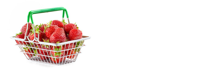 Fresh ripe strawberries in a mini shopping trolley isolated on a white background. Concept of a...