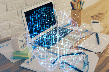 Double exposure of desktop computer and human brain drawing hologram. Ai concept.