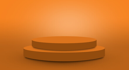 podium or pedestal display on orange color background with cylinder stand concept. Blank product shelf standing backdrop.