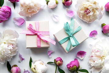 Peony flowers and gift boxes