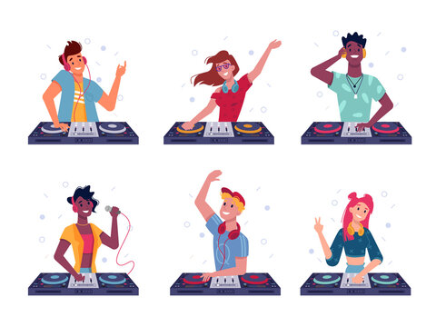Set of isolated dj at turntable. Party man and woman play at disco. Cartoon male and female with headphone and mic, vinyl. Night discotheque or nightclub sign. Disc jockey scratching. Music, sound