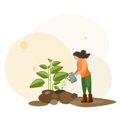 Young Woman Working in Garden or Farm. Gardening Girl is watering a green plant. Vector agriculture and nature concept. Organic gardening illustration in flat stile. Spring gardening concept. 
