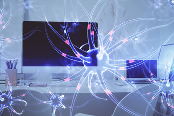 Desktop computer background and neuron drawing. Double exposure. Education concept.