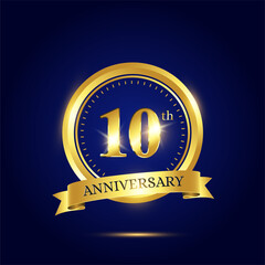 10th anniversary celebration. Luxury celebration template with golden circle and ribbon on dark blue background. Elegant vector template for invitation card, celebration, greeting cards and other.