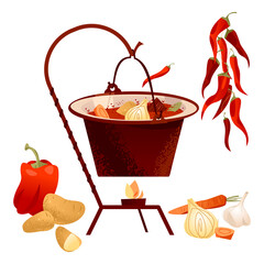 Traditional Hungarian dish. Goulash soup with meat, paprika, potatoes, onion, garlic and carrots served in the cauldron.