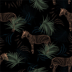 Dark tropical safari with zebra in the jungle seamless pattern in vector EPS10 ,Design for fashion, fabric, web,wallpaper,wrapping and all prints © MSNTY_STUDIOX