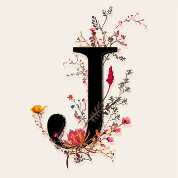 Alphabet " J" with beautiful botanical floral vector EPS10, Desig for fashion,fabric,T-shirt,card ,wedding and all graphic type