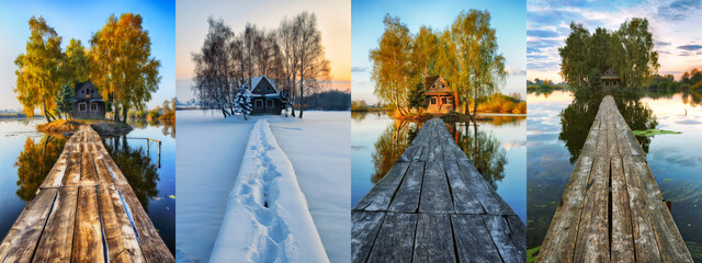 collection of photos of a fabulous hut on a small island. four seasons: winter, spring, summer,...