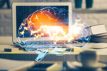 Double exposure of work space with computer and human brain drawing hologram. Brainstorm concept.
