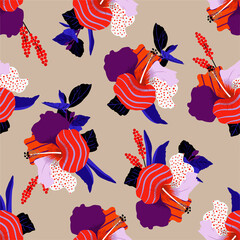 Colorful hibiscus flower in popart style seamless pattern in vector EPS10 ,Design for fashion fabric ,web,wallpaper,wrapping textile and all print