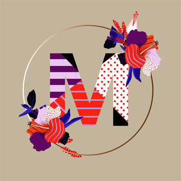Modern Alphabet big "M" font made from popart pattern patchwork strope and polka dots ,pop art florals with circle silhouette Vector EPS10 Design for fashion, fabric, tshirt,invitations ,decoration 