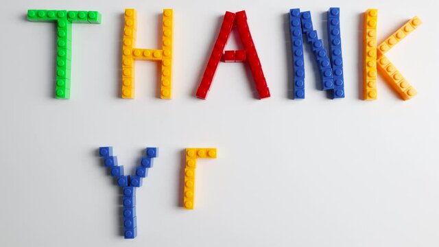 Thank you blocks word, 4k stop motion style on White color background.