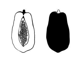 isolated monochrome black and white illustration childish hand drawn lines art papaya whole fruit and half cut fruit for pattern, background, wallpaper, cover, texture etc. vector design