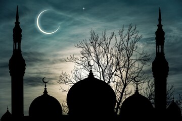 Mosque silhouette against sunset sky , religion background