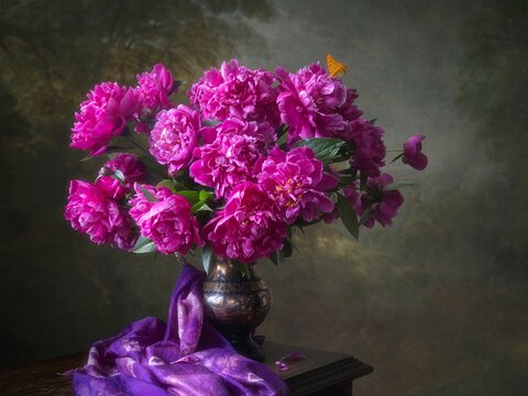 Still life with lilac peonies and butterfly