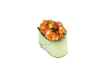 Japanese Gunkan Green Sushi with marinated salmon and greens. Gunkan-poppy with rice and salmon wrapped in cucumber. Side view Pan Asian dish Gunkan Sake Maki isolated on white background. Sushi menu
