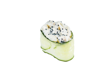 Japanese Gunkan Green Sushi with scallop and flying fish roe. Tobiko caviar, rice and scallop wrapped in cucumber. Side view Pan Asian dish Gunkan Maki isolated on white background. Kappa nigiri
