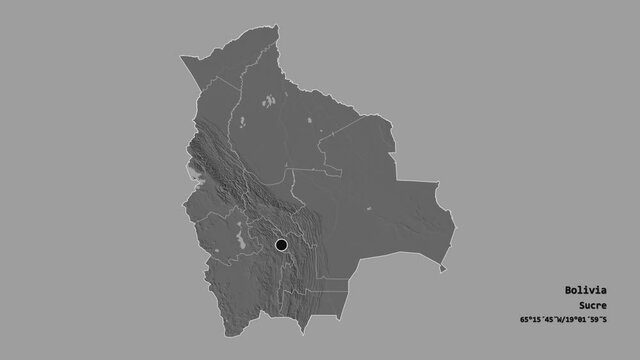 Pando, department of Bolivia, with its capital, localized, outlined and zoomed with informative overlays on a bilevel map in the Stereographic projection. Animation 3D