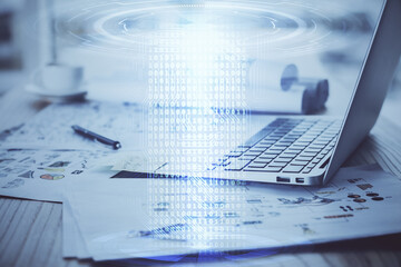 Double exposure of computer and technology theme hud. Concept of innovation.