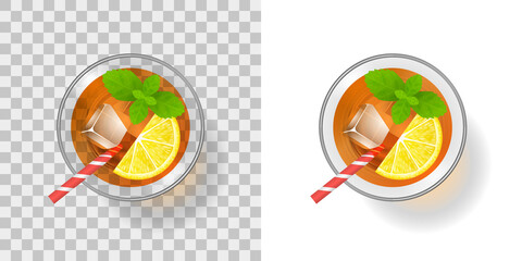 Cocktail in a glass with ice on a transparent background. Top view. A glass of drink and ice.