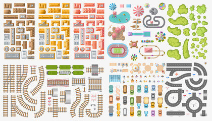 Set of landscape elements. City. (Top view) Railroad, houses, buildings, attractions, road, cars, people, trees. (View from above)