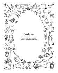 A template with a place for text of hand-drawn doodles about a country house, garden equipment, and growing vegetables.