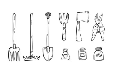 Doodle illustration of a set of gardening tools. Farming.