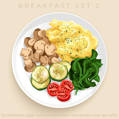 Top view of delicious breakfast set isolated on beige background : Vector Illustration - 364236205