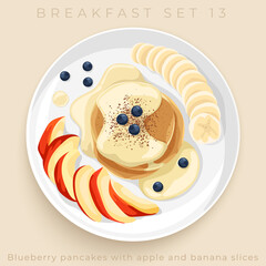Top view of delicious breakfast set isolated on beige background : Vector Illustration - 364236438