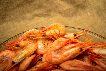 Cooked Atlantic shrimps. Close up. A traditional food of coastal cuisine.